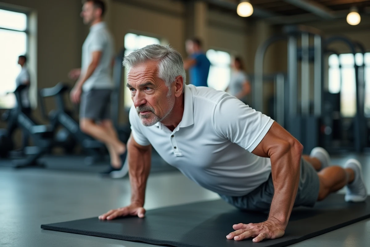 Homme senior faisant une planche abdominale dans une salle de sport pour renforcer ses muscles du ventre après 60 ans