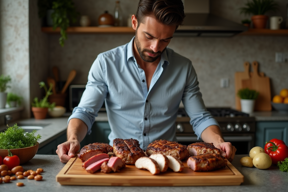 Homme d'âge moyen préparant une planche de viande grillée dans une cuisine chaleureuse