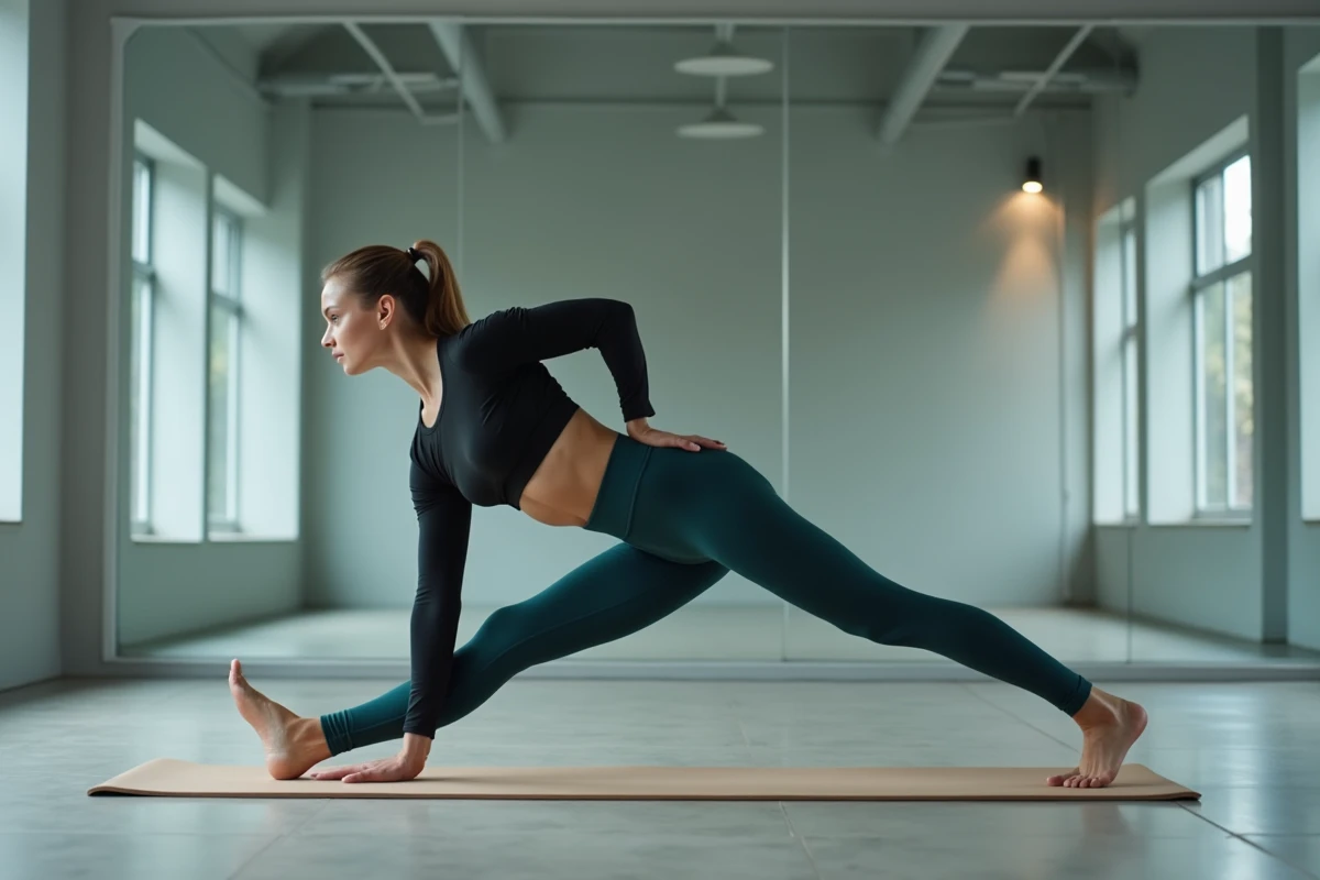 Femme athlétique en position de planche latérale sur tapis beige dans un studio de fitness moderne avec miroirs