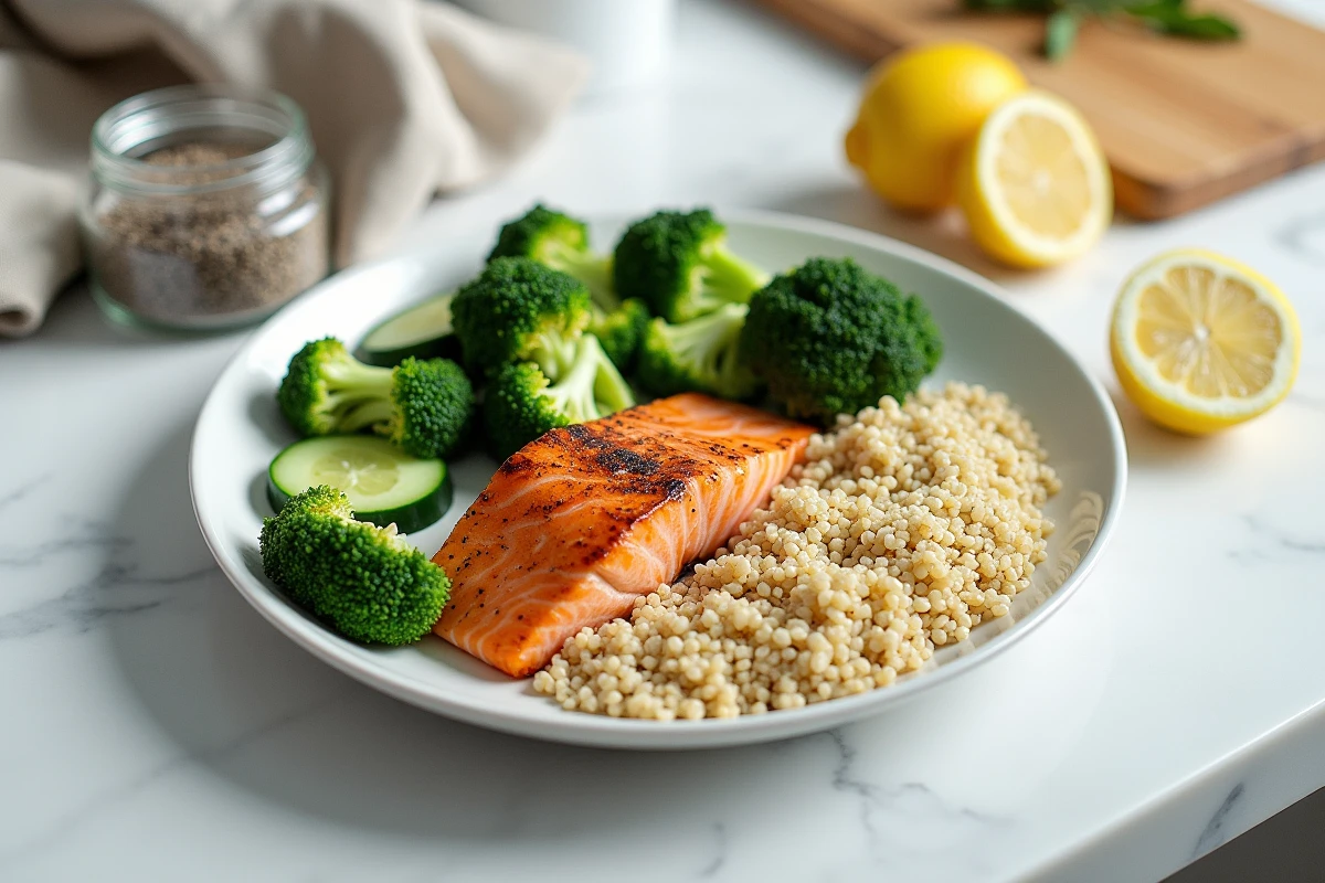 Plateau repas équilibré avec saumon, quinoa, brocoli et graines de chia pour réduire la graisse abdominale