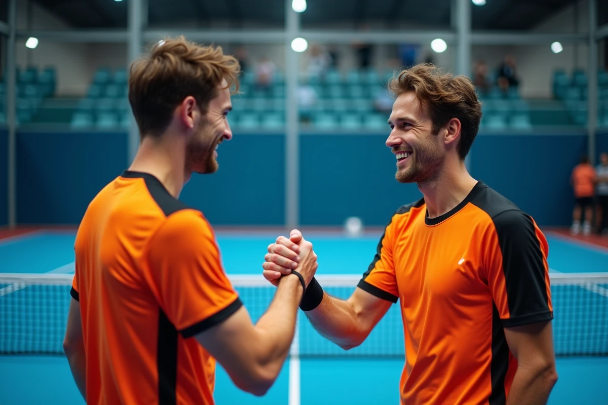 Deux joueurs de padel se serrant la main après un match de tournoi P100 en salle