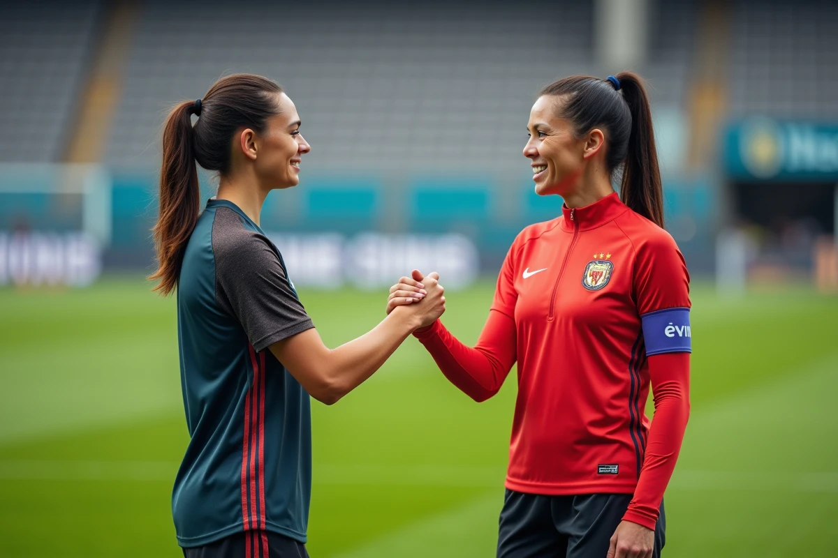 Deux joueuses de football féminin se serrant la main sur un terrain d'entraînement professionnel, symbolisant un accord de transfert