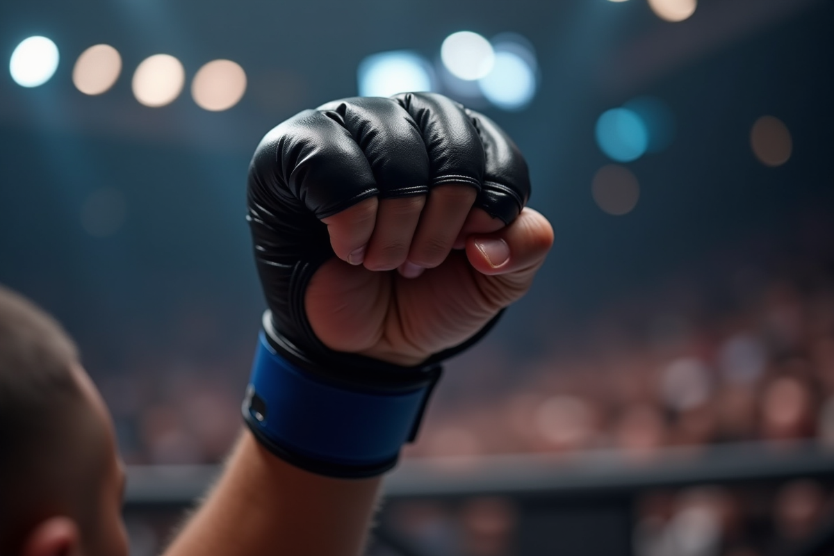 Gant de combat MMA en gros plan avec poing levé et textures visibles