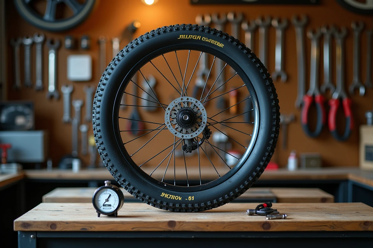 Roue de VTT 26 pouces sur un établi de garage avec pompe à vélo et manomètre numérique pour réglage de la pression