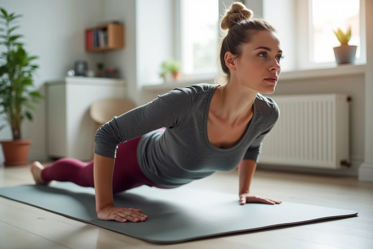 Femme en legging bordeaux effectuant une pompe sur un tapis gris dans un studio lumineux