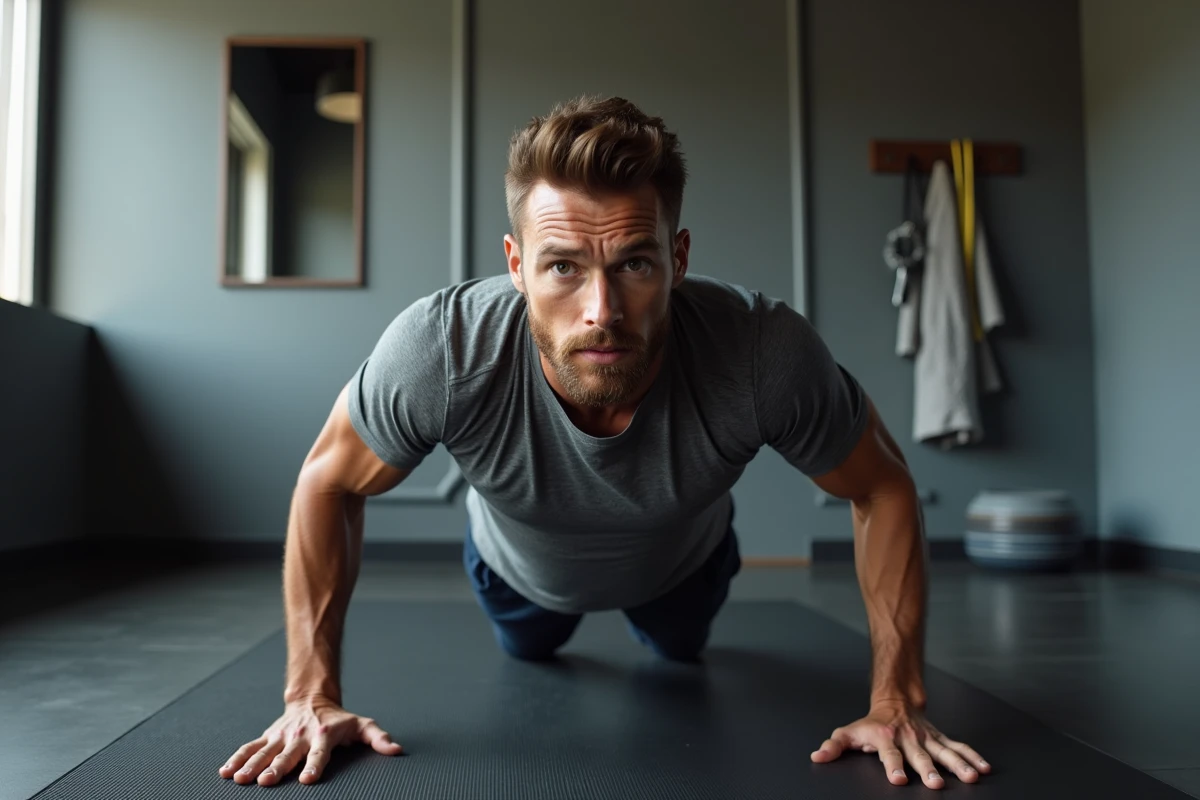 Homme effectuant des pompes diamant sur un tapis de sport gris dans une salle de fitness maison