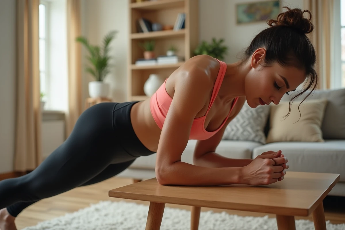 Femme sportive faisant des pompes inclinées sur une table basse en bois dans un appartement chaleureux