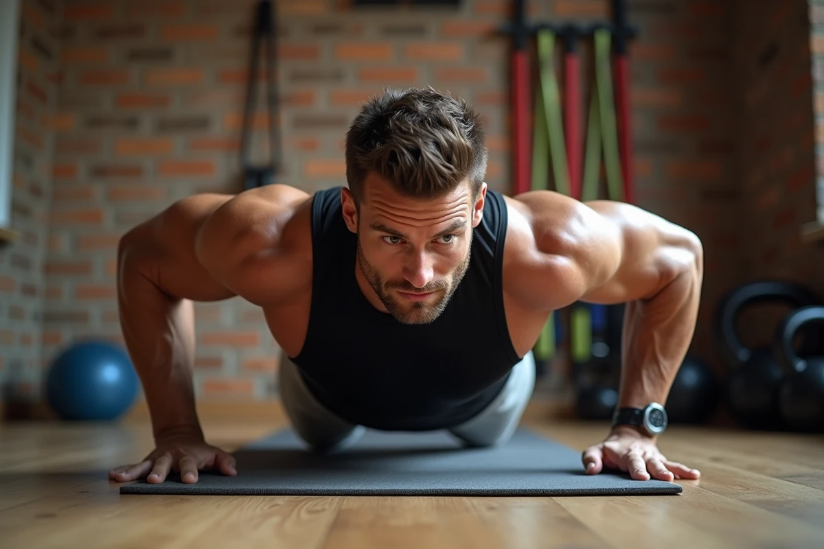 Homme en débardeur noir réalisant des pompes larges sur un tapis de yoga dans une salle de sport à domicile
