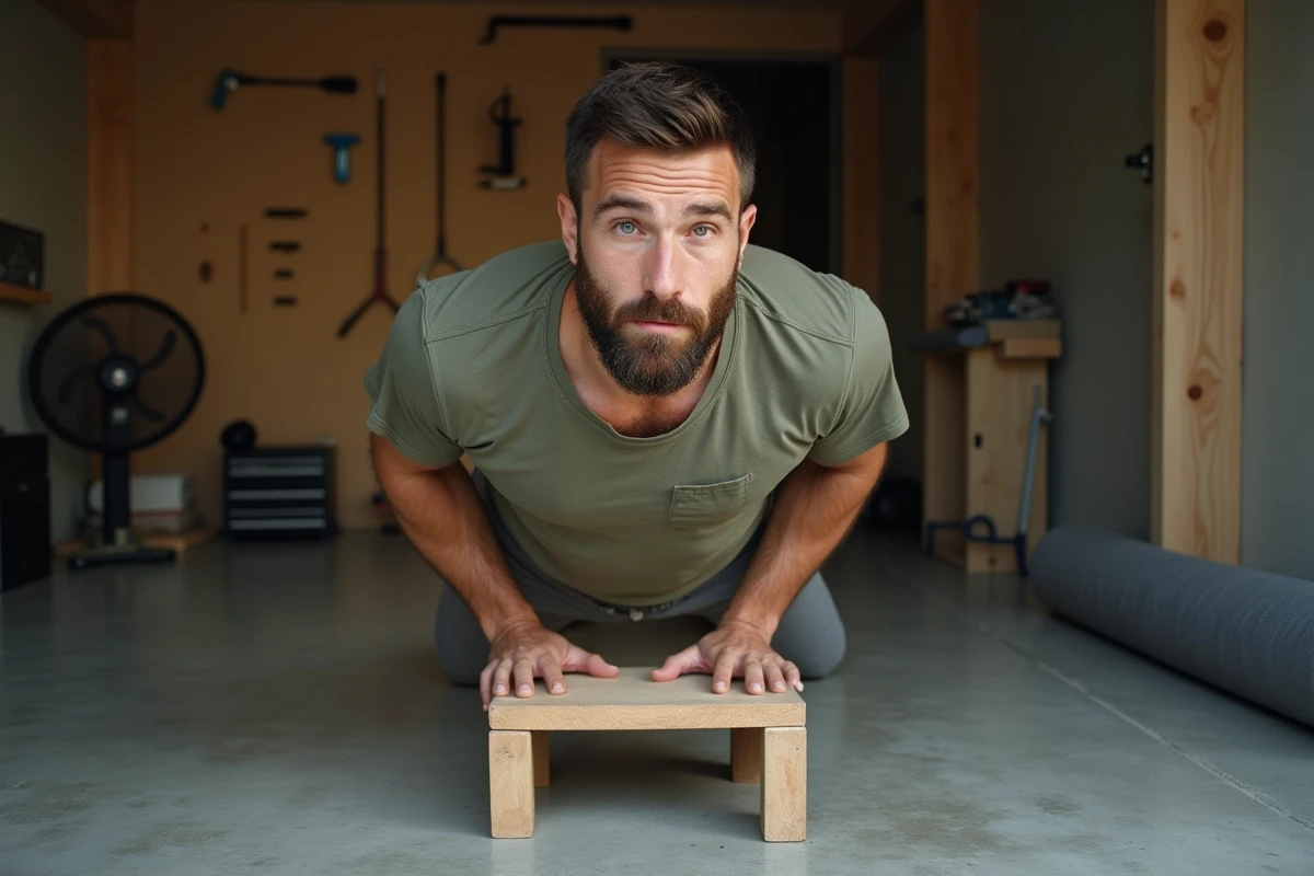 Homme barbu faisant des pompes pieds surélevés sur un banc dans un garage transformé en salle de sport