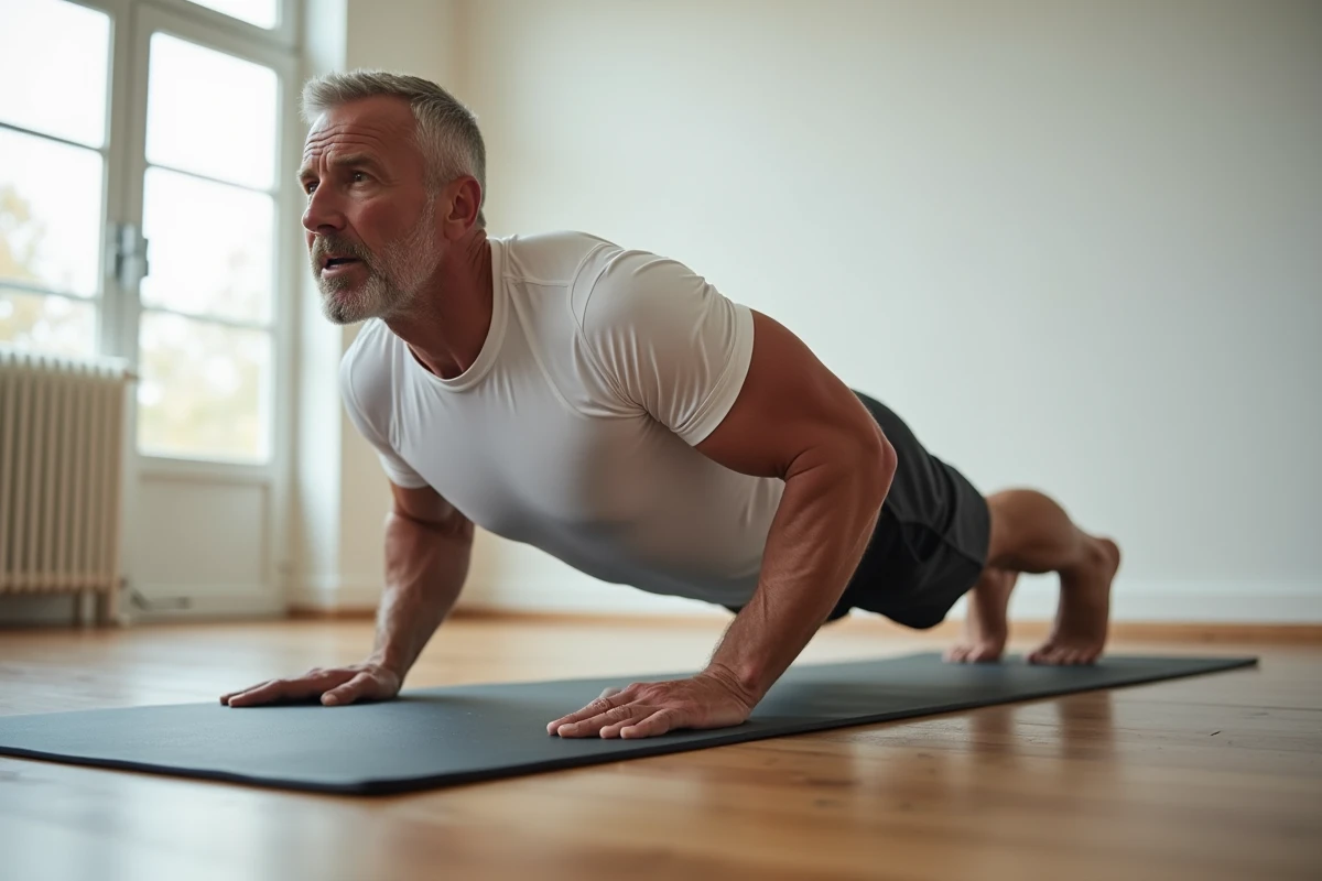 Homme effectuant des pompes en pike pour muscler les épaules sans haltères à domicile