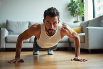 Homme musclé faisant des pompes sur un parquet dans un salon moderne