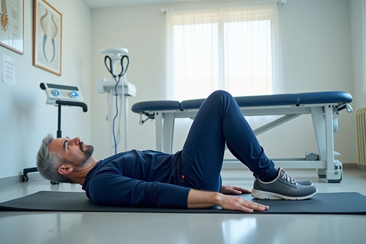 Homme d'âge mûr exécutant le pont fessier pour soulager et muscler le bas du dos en cabinet de kinésithérapie