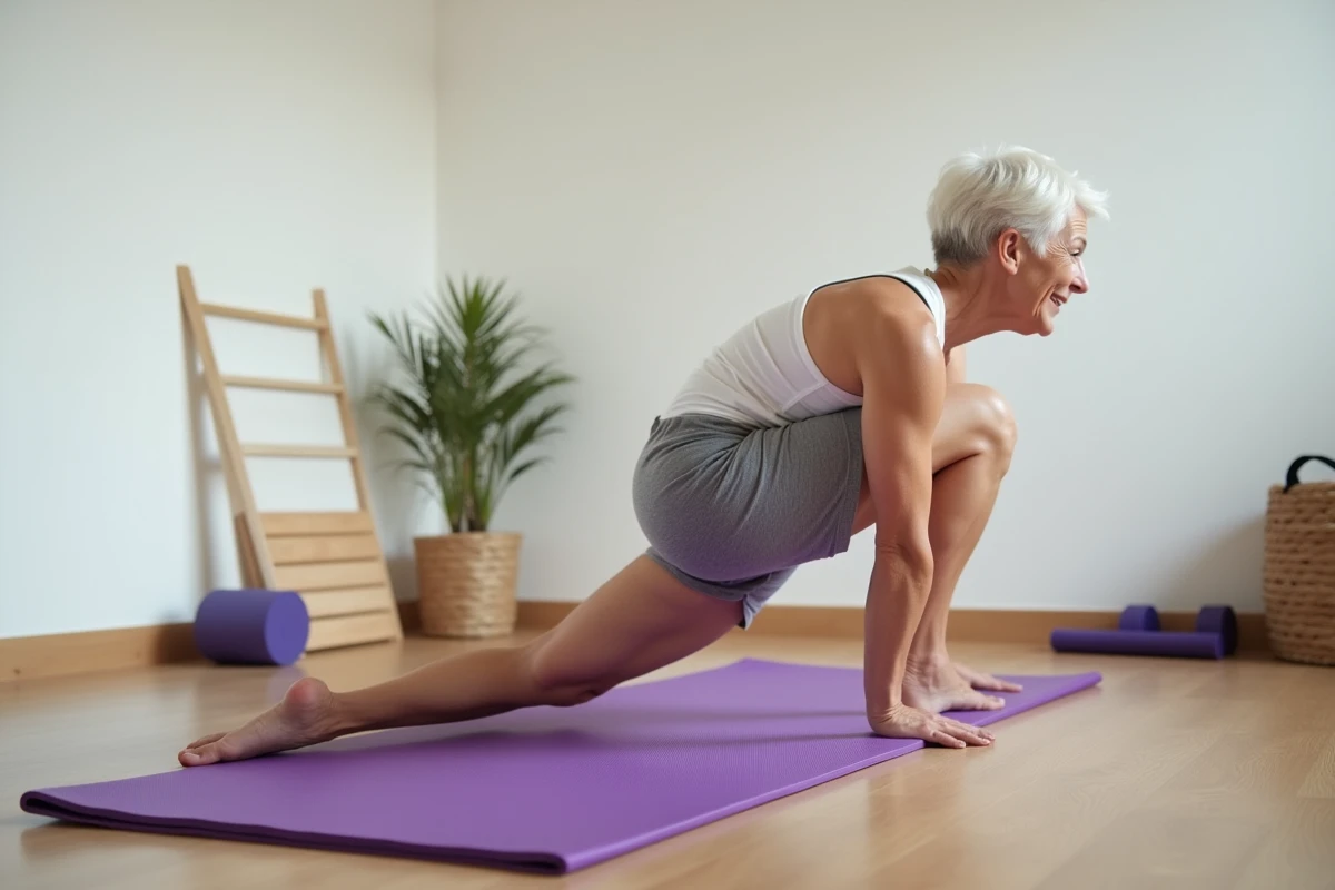 Femme effectuant le pont fessier sur tapis de yoga pour renforcer les lombaires et les fessiers