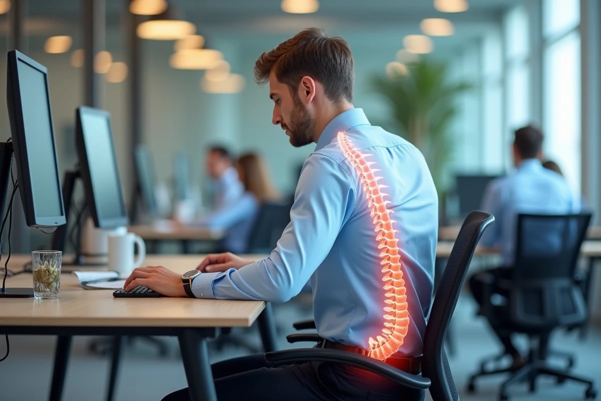 Homme au bureau illustrant la mauvaise posture et la posture correcte pour prévenir les douleurs lombaires