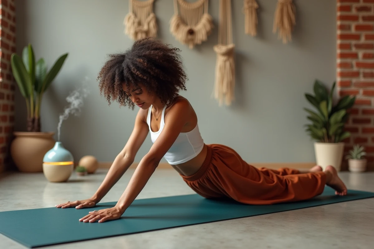 Femme en posture de l'enfant pour étirer et relâcher les tensions du bas du dos dans un studio de yoga