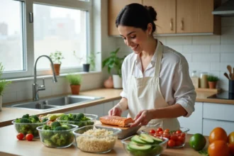 Femme préparant des repas équilibrés pour perdre du ventre avec légumes, quinoa et saumon grillé