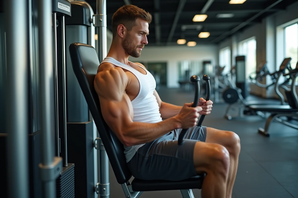 Homme musclé utilisant la presse à cuisses en salle de fitness