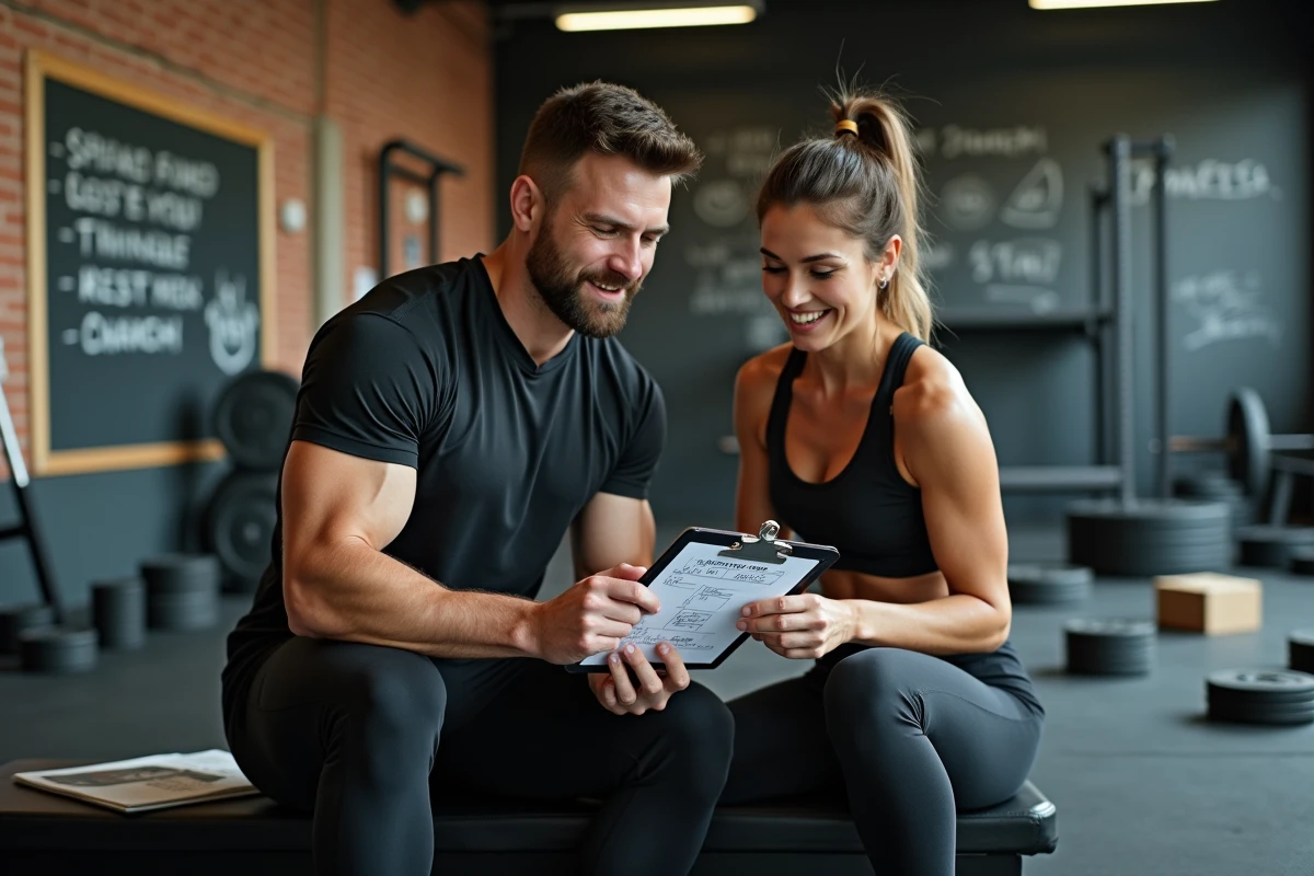 Deux sportifs consultant un programme de séries de pompes lestées entre deux séances dans une salle de cross-training