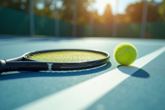 Raquette de tennis sur la ligne de fond blanche avec balle jaune