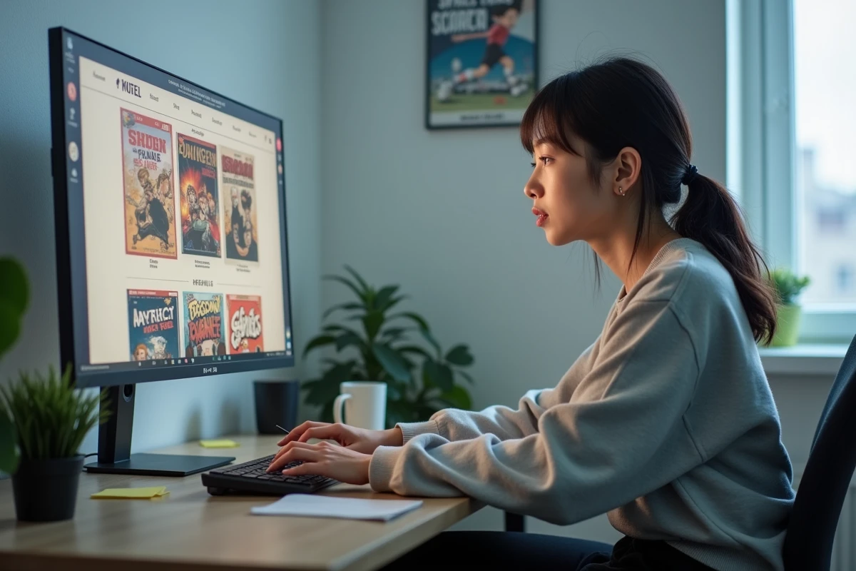 Jeune femme cherchant un chapitre manga en ligne sur son ordinateur, bureau minimaliste et ambiance contemporaine