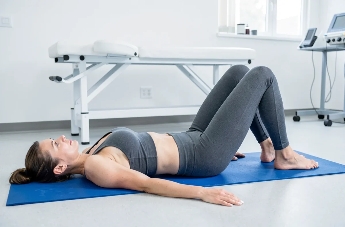 Femme allongée sur un tapis effectuant des exercices de rééducation du périnée dans une clinique de physiothérapie