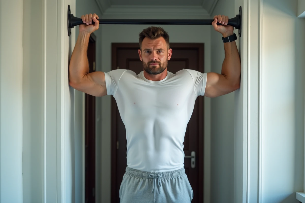 Homme musclé effectuant des relevés de genoux suspendus à une barre de traction dans un couloir d'appartement