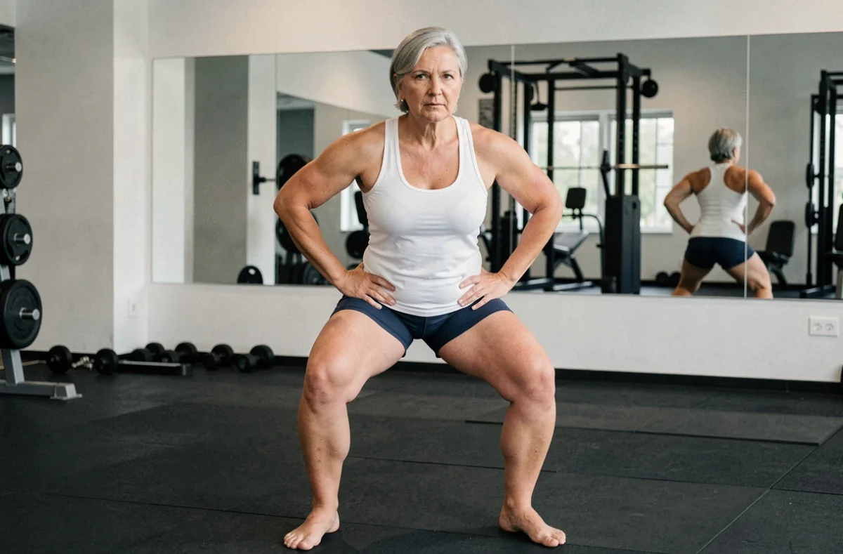 Femme de 50 ans en salle de sport réalisant un exercice debout de renforcement du plancher pelvien avec une posture précise
