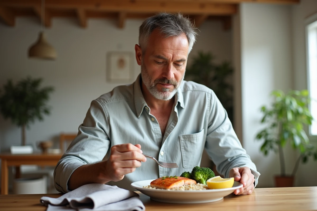 Homme mangeant un repas riche en protéines et légumes pour réduire la graisse abdominale