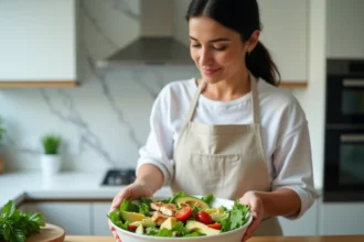 Femme préparant un repas sain le soir pour perdre du ventre avec une salade équilibrée
