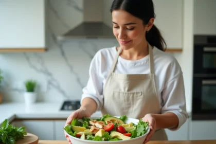 Femme préparant un repas sain le soir pour perdre du ventre avec une salade équilibrée
