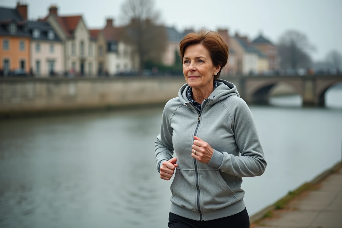 Femme de 50 ans reprenant le jogging en douceur au bord de la Maine à Angers avec un coach sportif