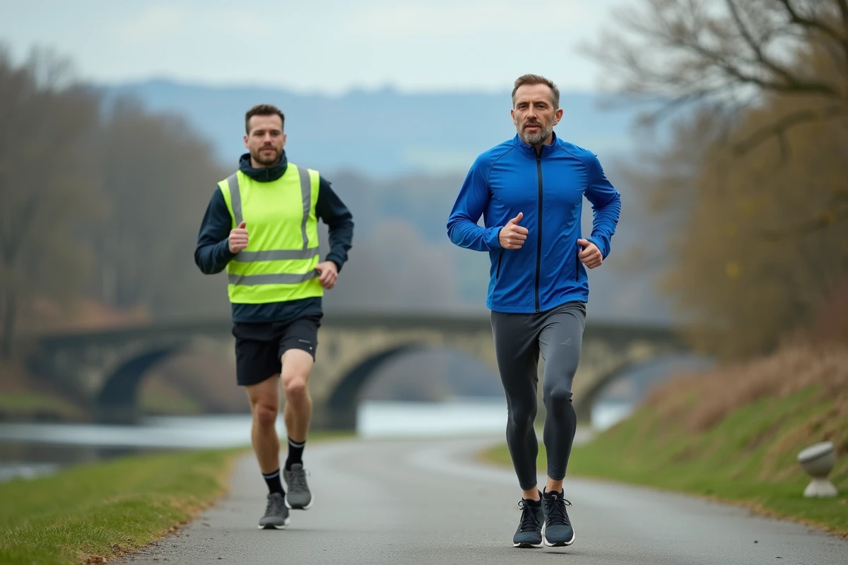 Homme en reprise de sport accompagné par son coach lors d'un footing le long des bords de l'Allier à Clermont-Ferrand