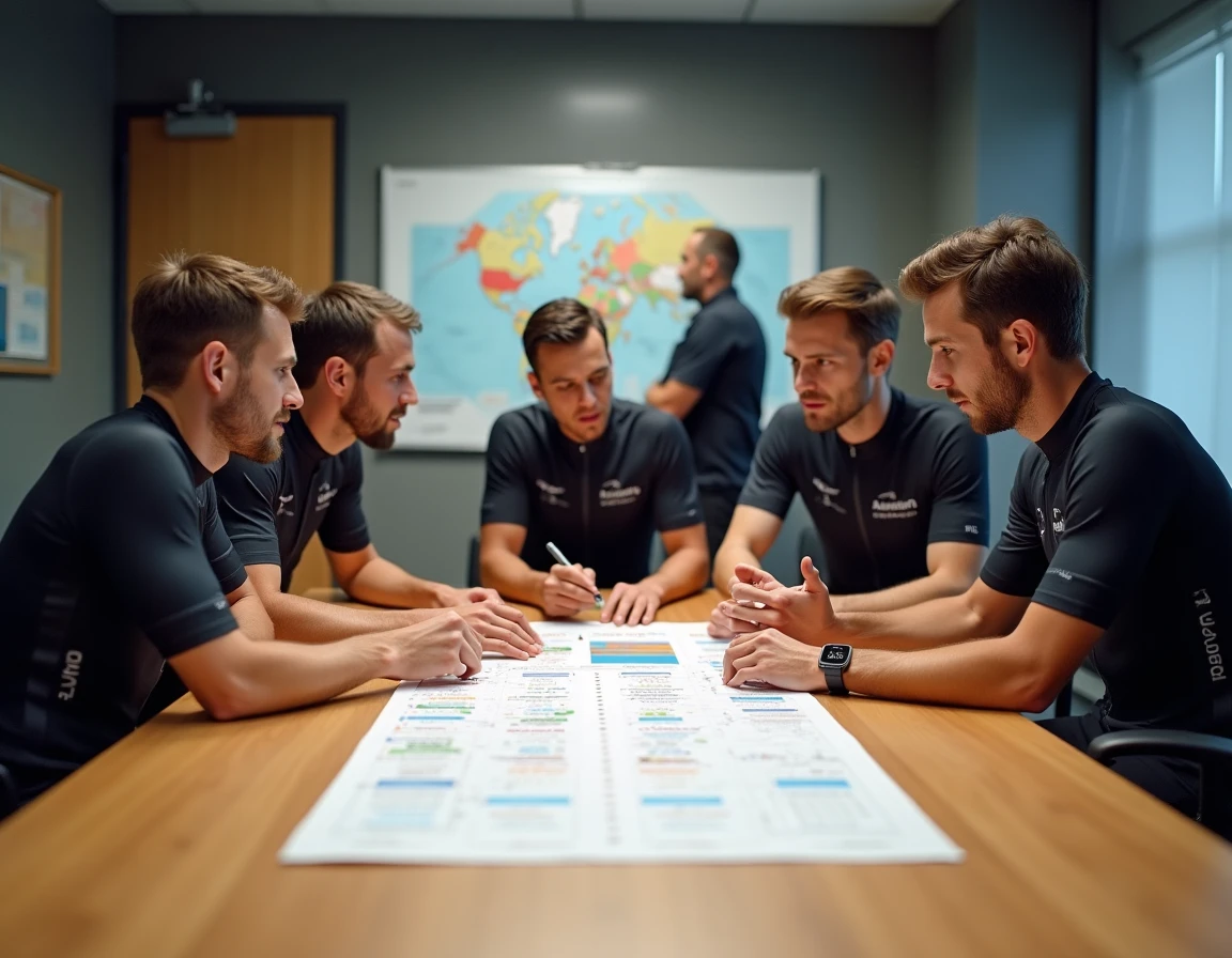 Réunion tactique d'une équipe cycliste professionnelle autour d'un calendrier de compétition 2026