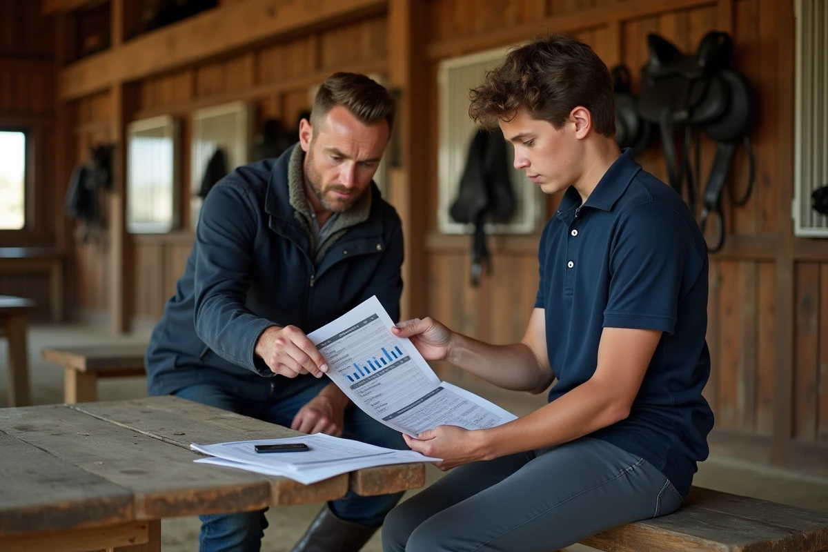 Jeune cavalier et coach discutant dans la stabulation
