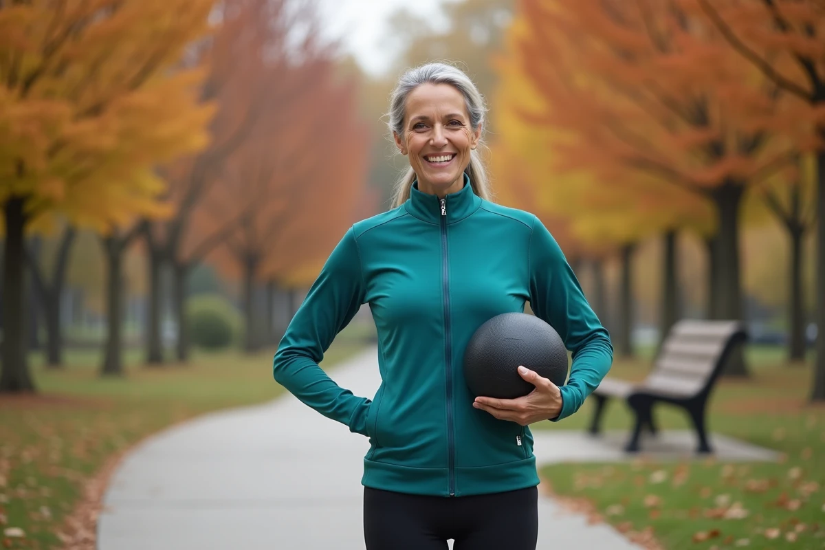 Femme âgée faisant des rotations abdominales debout avec un ballon de fitness dans un parc en automne