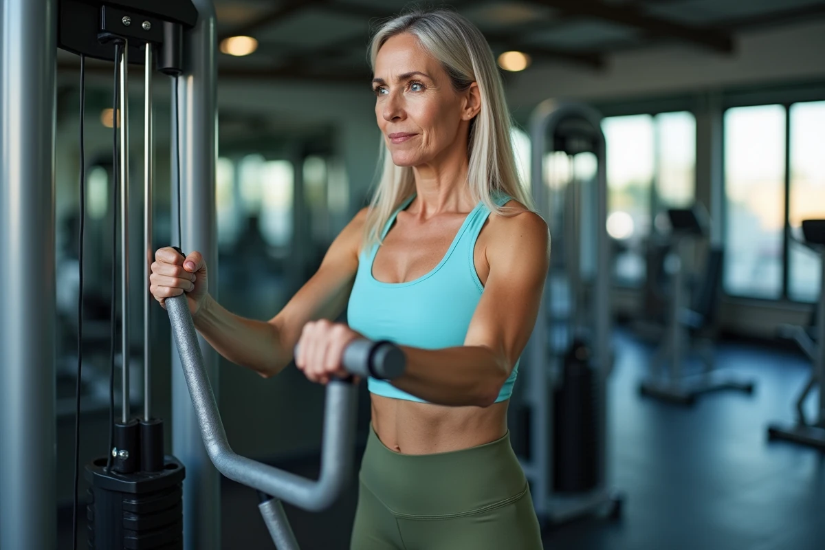 Femme de plus de 50 ans effectuant des rotations obliques à la poulie dans une salle de sport moderne