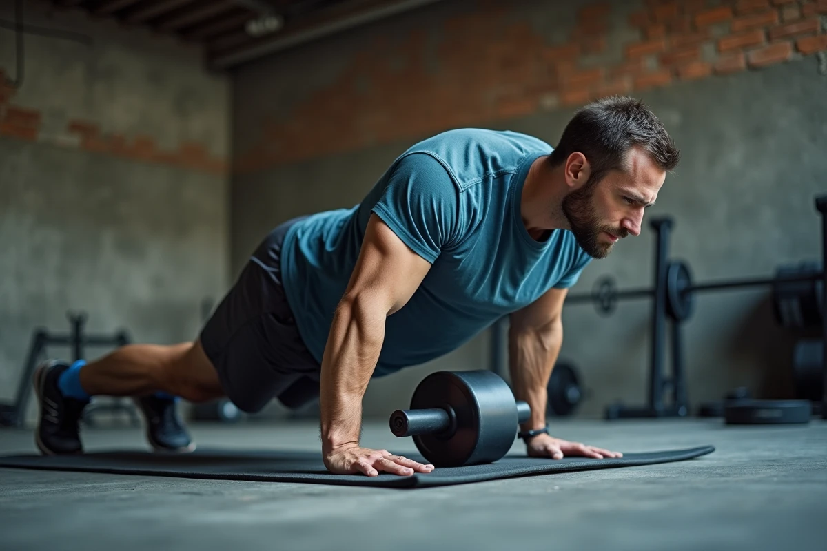 Homme réalisant des roulements abdominaux avec roue d'exercice sur tapis en caoutchouc dans un garage gym
