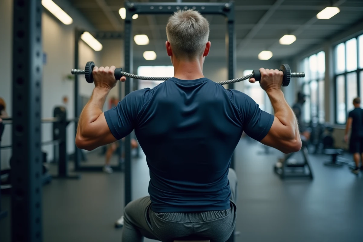Homme réalisant un rowing assis à la machine à câbles pour muscler le dos en salle