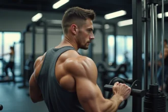 Homme musclé effectuant un rowing câble assis pour renforcer le haut du dos en salle de sport