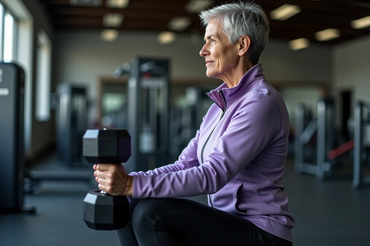 Femme de 50 ans réalisant un rowing haltère unilatéral pour renforcer les rhomboïdes