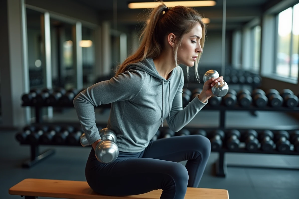 Femme effectuant un rowing unilatéral avec haltère sur banc pour renforcer les muscles du dos