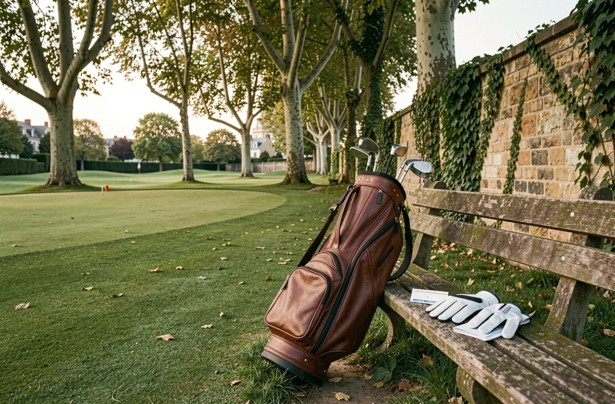 Sac de golf et accessoires posés près du départ d'un parcours en banlieue parisienne avant une partie après le bureau
