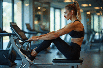 Salle de sport moderne avec femme utilisant machine ab