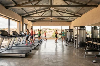 Vue panoramique d'une salle de fitness moderne dans les Bouches-du-Rhône avec équipements cardio et musculation