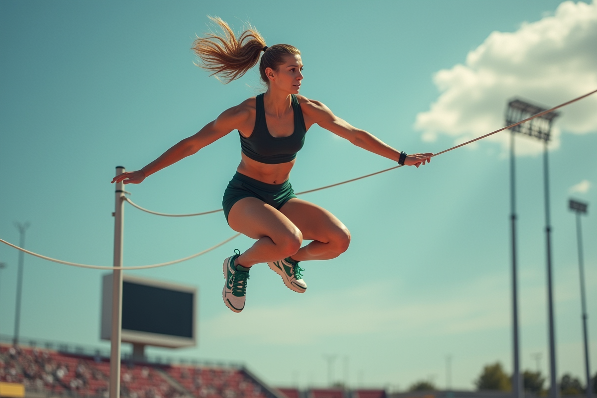 Femme sauteur en hauteur en plein saut lors d