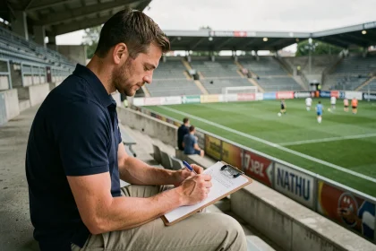 Scout de football du FC Porto prenant des notes dans les tribunes d'un stade lors d'une séance de repérage de talent