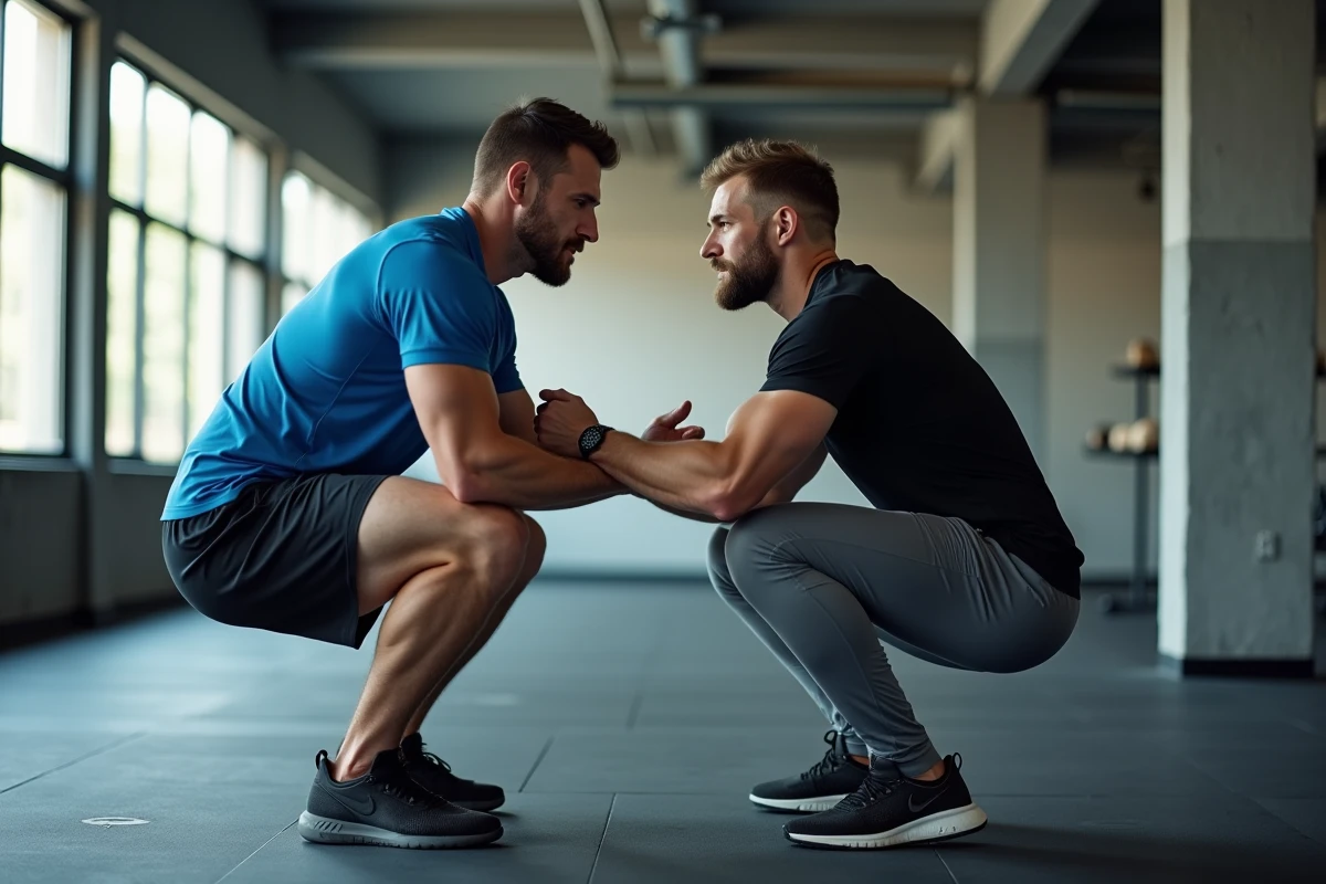 Séance de coaching sportif individuel à Reims avec correction de posture lors d'un exercice de squat