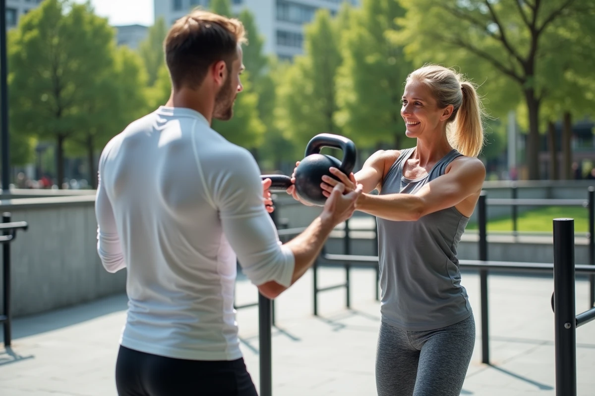 Séance d'entraînement personnalisée en plein air avec un coach sportif et sa cliente sur un terrain urbain