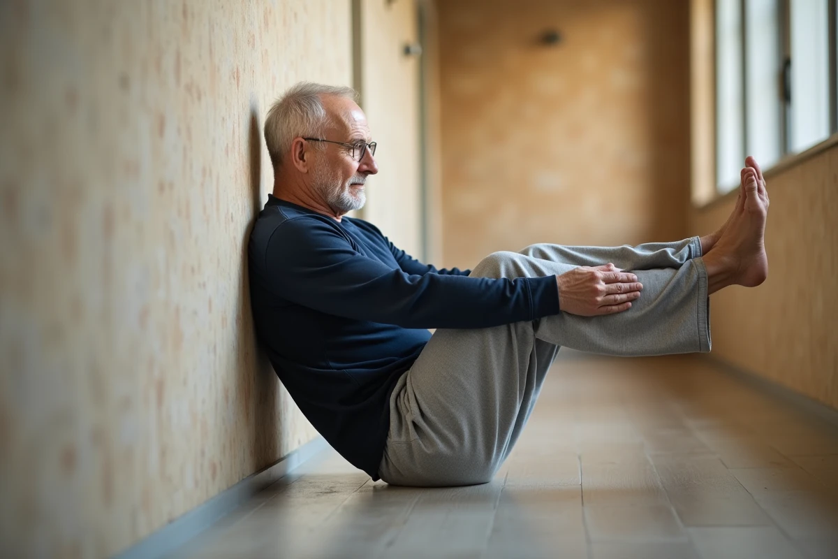 Senior homme effectuant une chaise contre le mur pour renforcer les genoux et les quadriceps