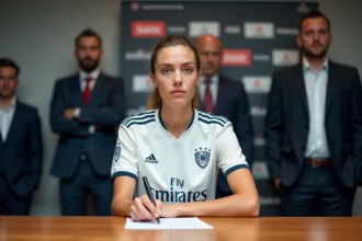Joueuse de football féminin signant un contrat de transfert lors d'une conférence de presse officielle en 2026